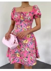 Yakası Lastikli Bağcık Detaylı Mini Elbise -Pembe