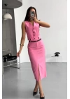 YELEK-ÖNDEN YIRTMAÇLI ETEK TK ŞANTUK KETEN - Pembe