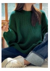Kadın Yeşil Bisiklet Yaka Uzun Kollu Düşük Omuz Oversize Selanik Örgü Triko Kazak