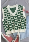 Kadın Yeşil Krem Kalp Desenli V Yaka Dama Kareli Yumuşak Dokulu Triko Süveter