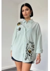 Yeşil Klasik Bedensiz Çizgili Poplin Nakışlı Gömlek