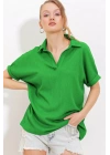Yeşil Oversize Polo Yaka Örme Bluz 0486