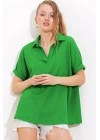 Yeşil Oversize Polo Yaka Örme Bluz 0486