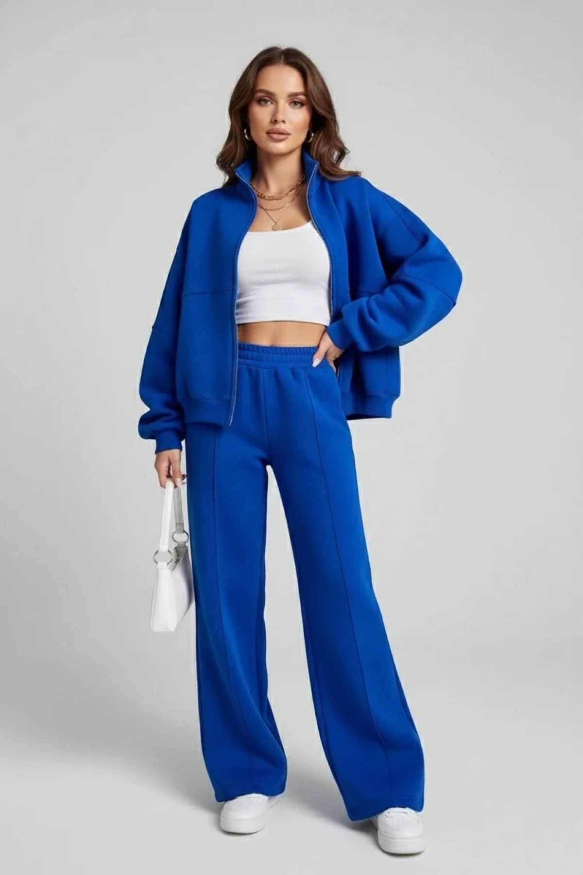 Kadın Saks Mavisi 3 İplik Compakt Şardonlu Fermuarlı Dik Yaka Hırka ve Palazzo Eşofman Takımı