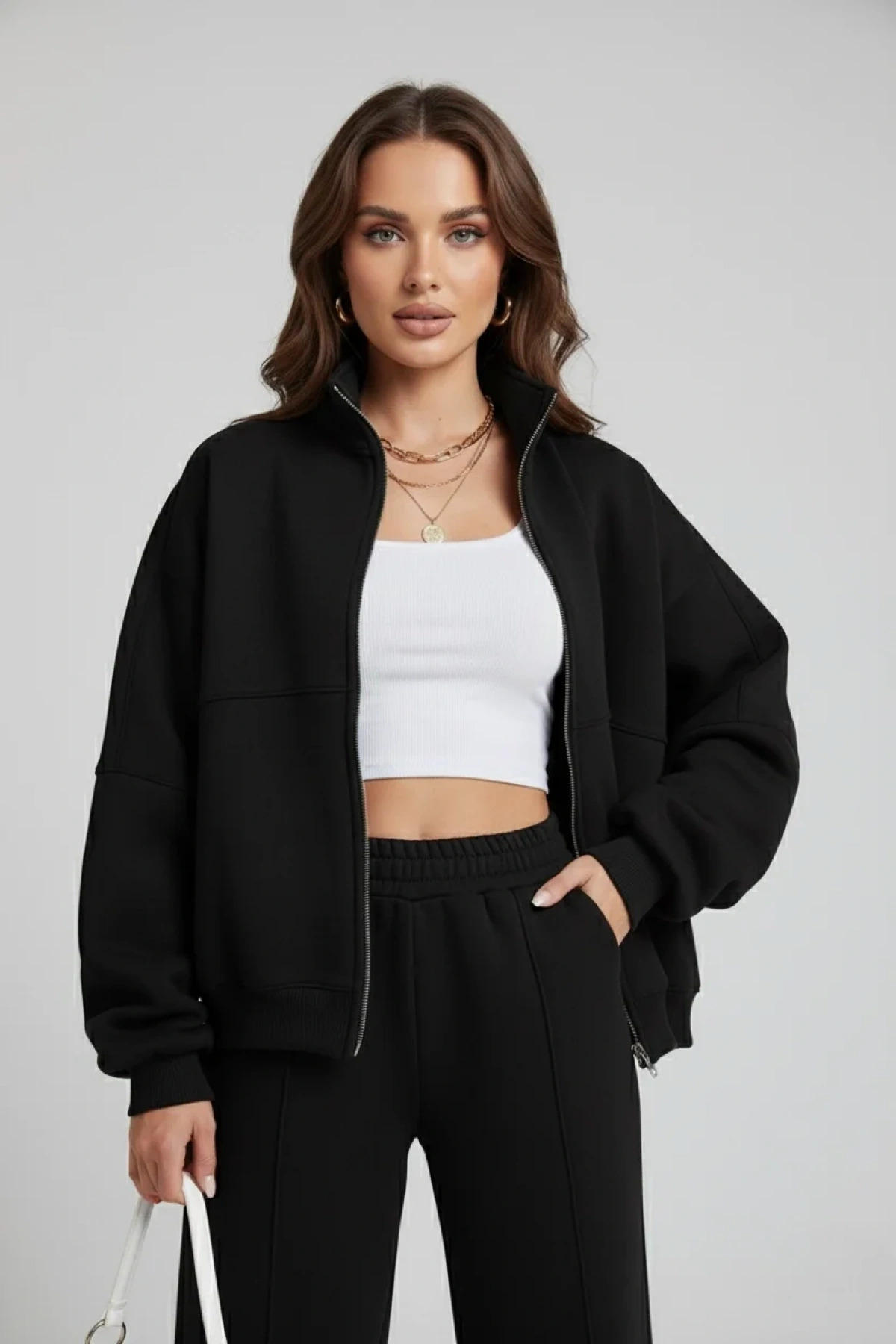 Kadın Siyah 3 İplik Compakt Şardonlu Fermuarlı Dik Yaka Hırka ve Palazzo Eşofman Takımı