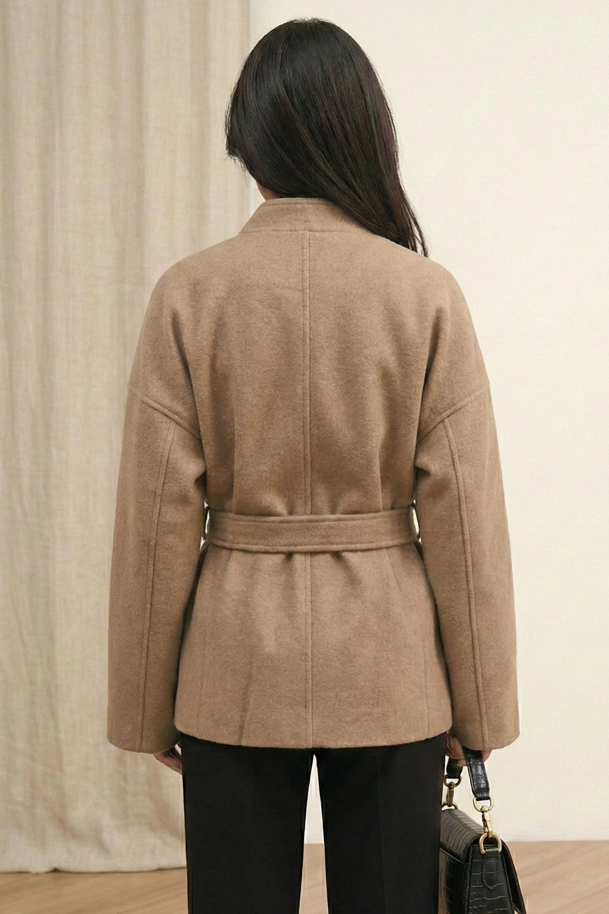 Kadın Bej Kuşaklı Şal Yaka Oversize Düşük Omuz Kısa Kaşe Kaban Ceket