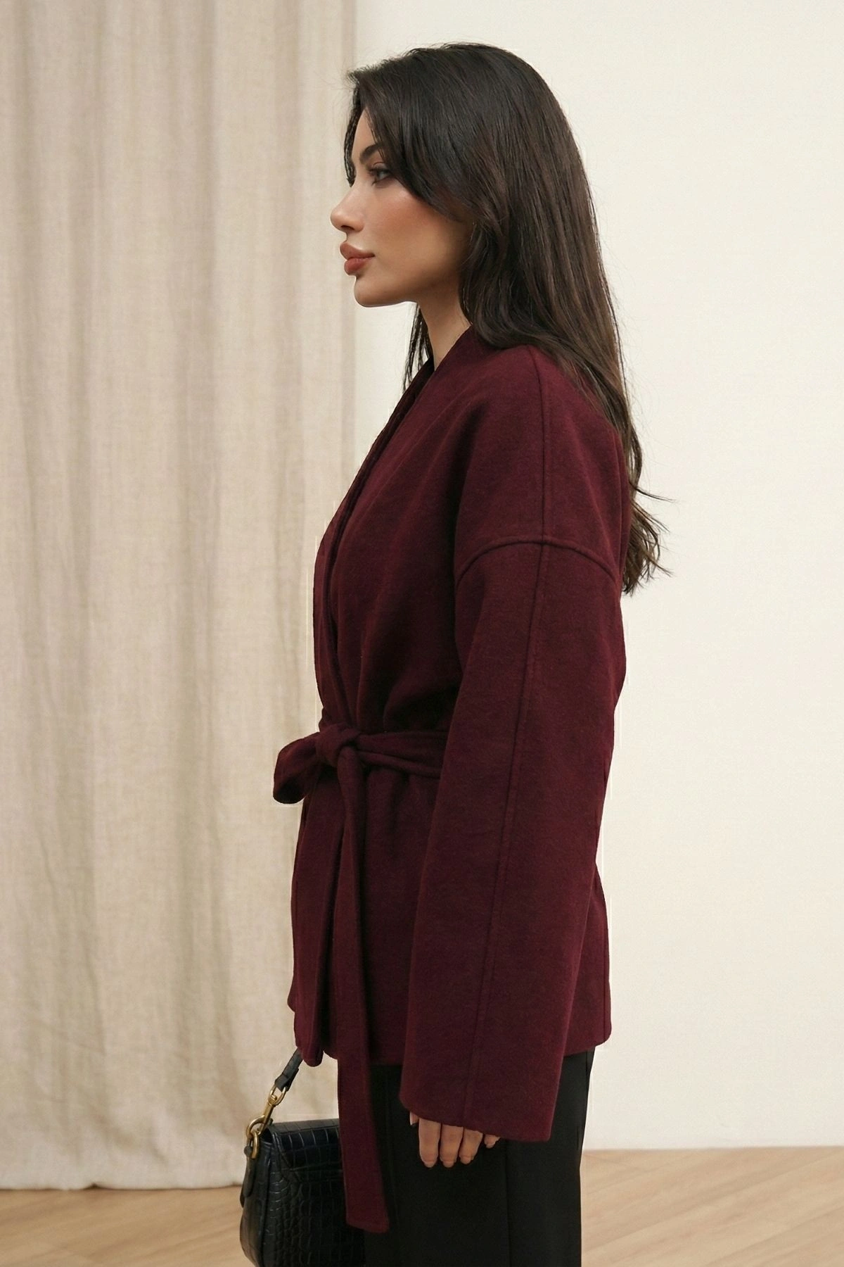 Kadın Bordo Kuşaklı Şal Yaka Oversize Düşük Omuz Kısa Kaşe Kaban Ceket