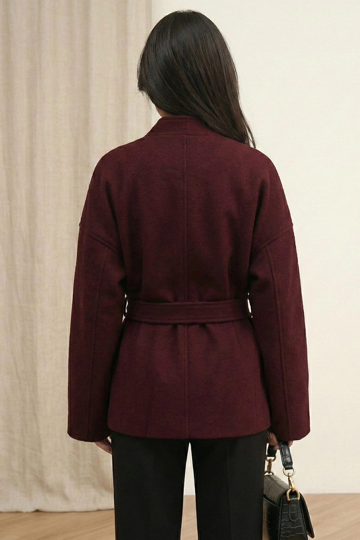 Kadın Bordo Kuşaklı Şal Yaka Oversize Düşük Omuz Kısa Kaşe Kaban Ceket