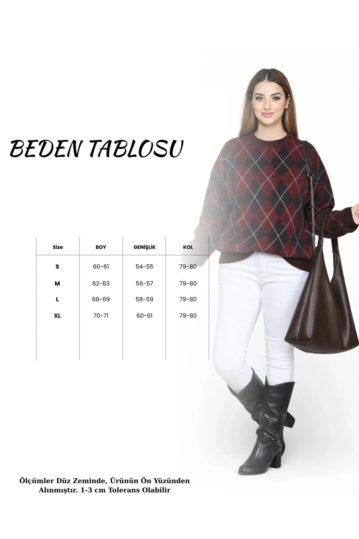 Kadın Bordo Baklava Desenli Bisiklet Yaka Uzun Kol Oversize Yumuşak Dokulu Triko Kazak