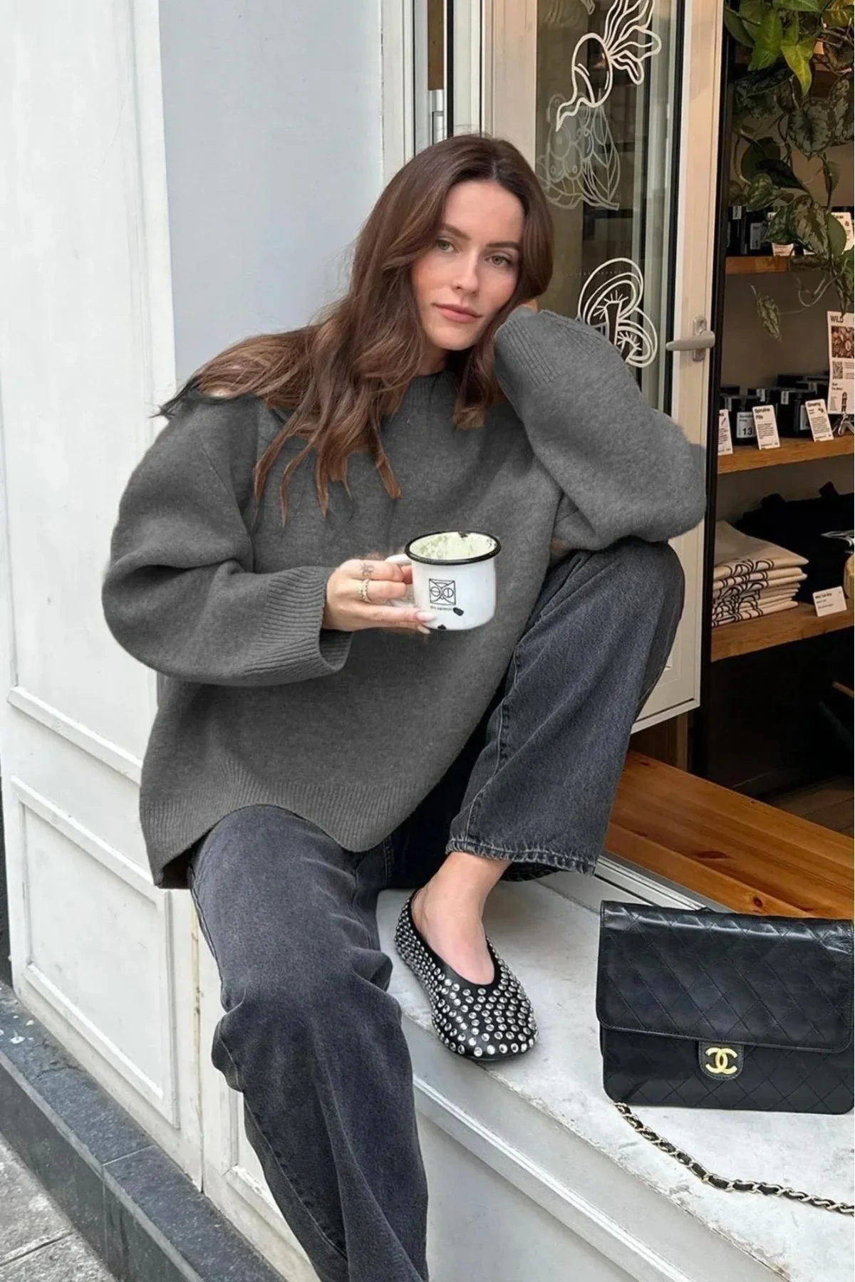 Kadın Antrasit Bisiklet Yaka Uzun Kollu Oversize Yumuşak Dokulu Triko Kazak