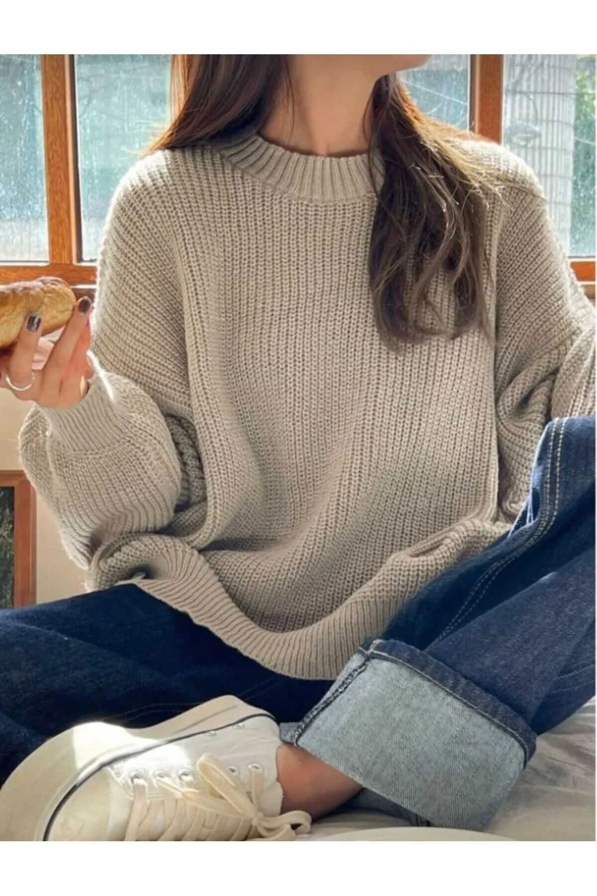 Kadın Bej Bisiklet Yaka Uzun Kollu Düşük Omuz Oversize Selanik Örgü Triko Kazak