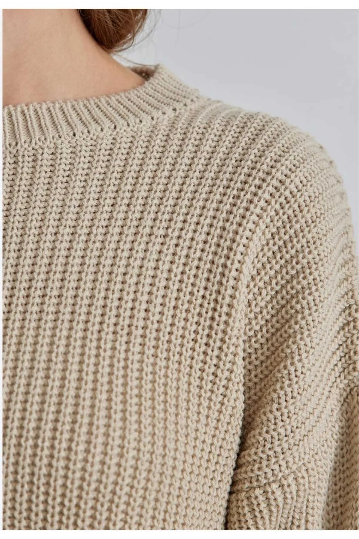 Kadın Bej Bisiklet Yaka Uzun Kollu Düşük Omuz Oversize Selanik Örgü Triko Kazak