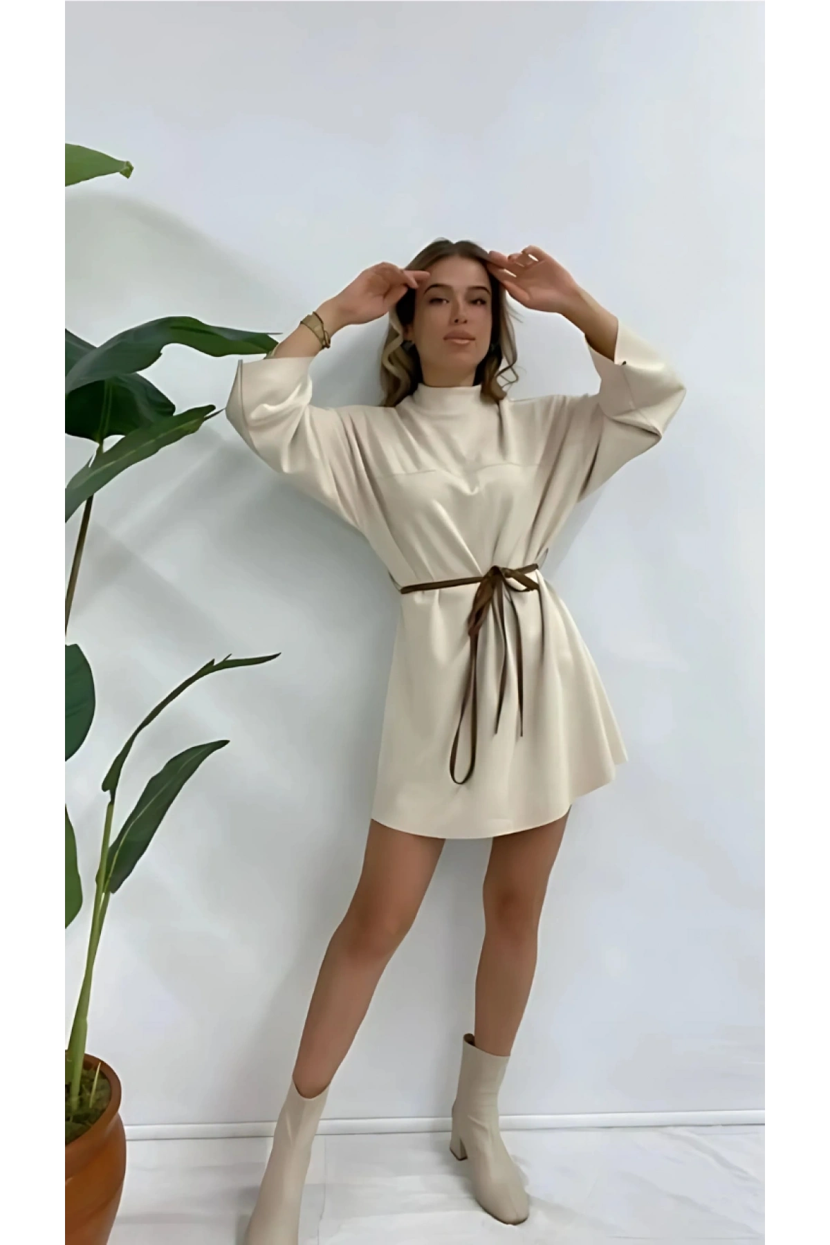 Bej Renk Süet Ultra Kaliteli Tunik Elbise - Bej
