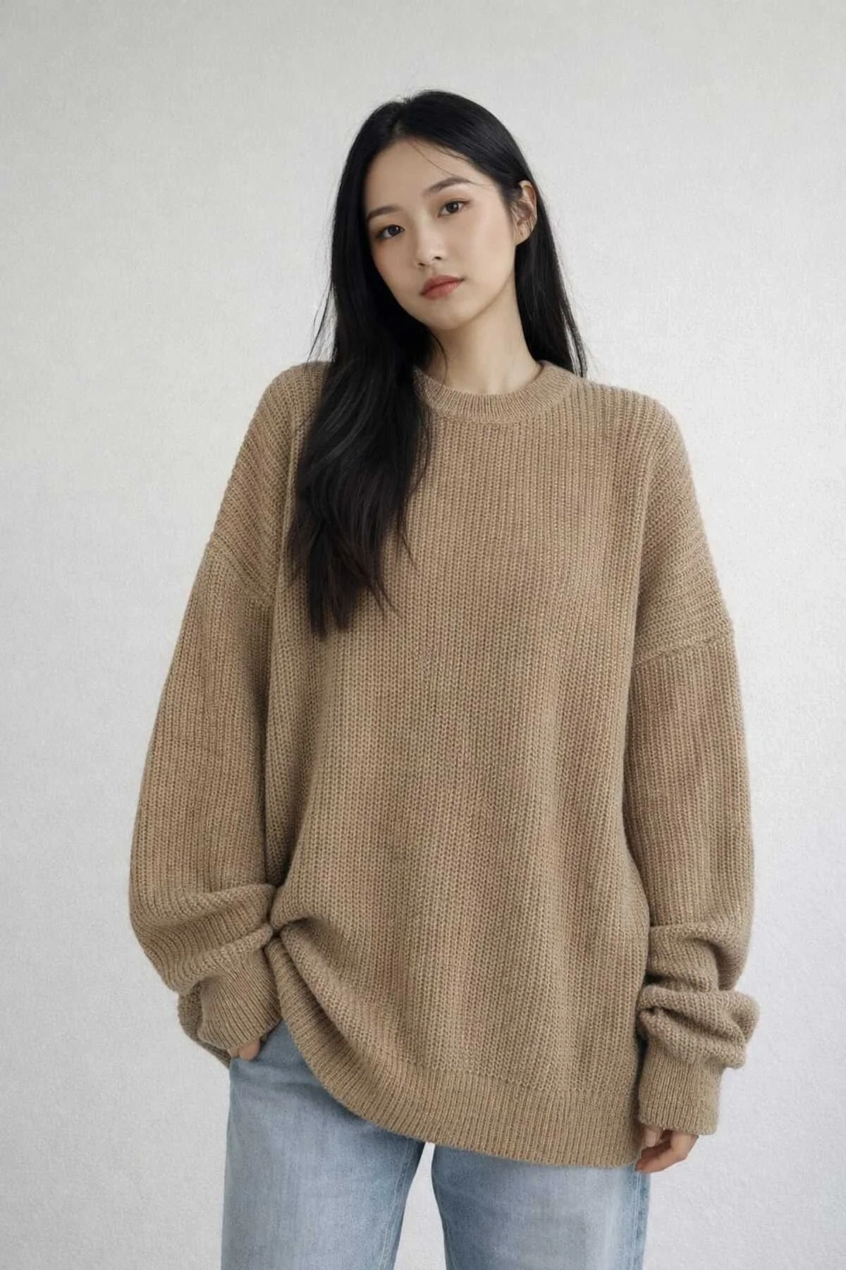 Kadın Bisküvi Bisiklet Yaka Uzun Kollu Düşük Omuz Oversize Selanik Örgü Triko Kazak