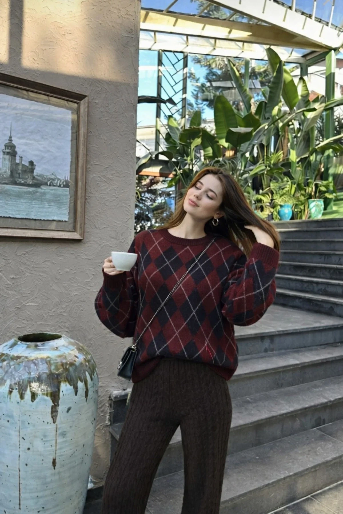 Kadın Bordo Baklava Desenli Bisiklet Yaka Uzun Kol Oversize Yumuşak Dokulu Triko Kazak