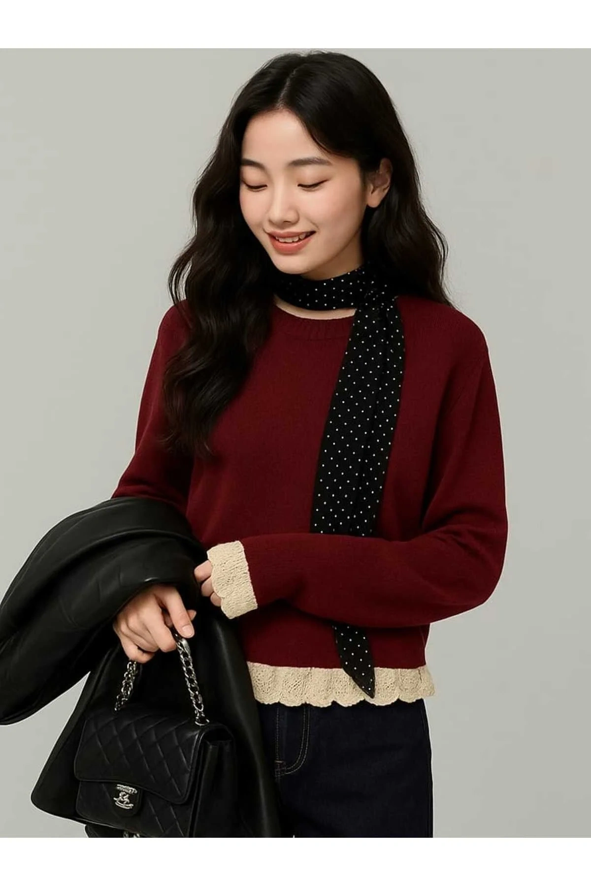 Kadın Bordo Bisiklet Yaka Uzun Kol Oversize Dantel Detaylı Yumuşak Dokulu Triko Kazak