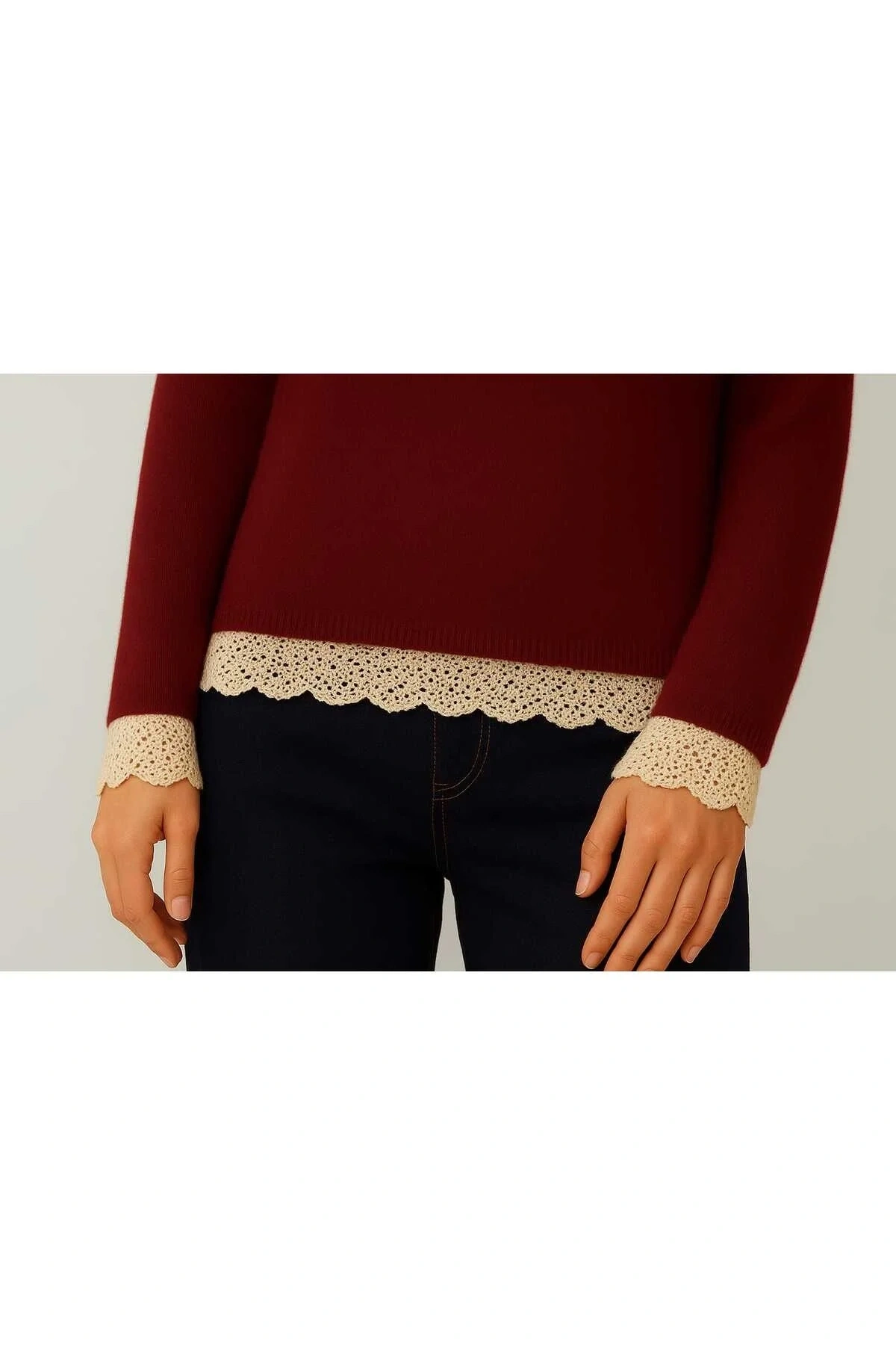 Kadın Bordo Bisiklet Yaka Uzun Kol Oversize Dantel Detaylı Yumuşak Dokulu Triko Kazak