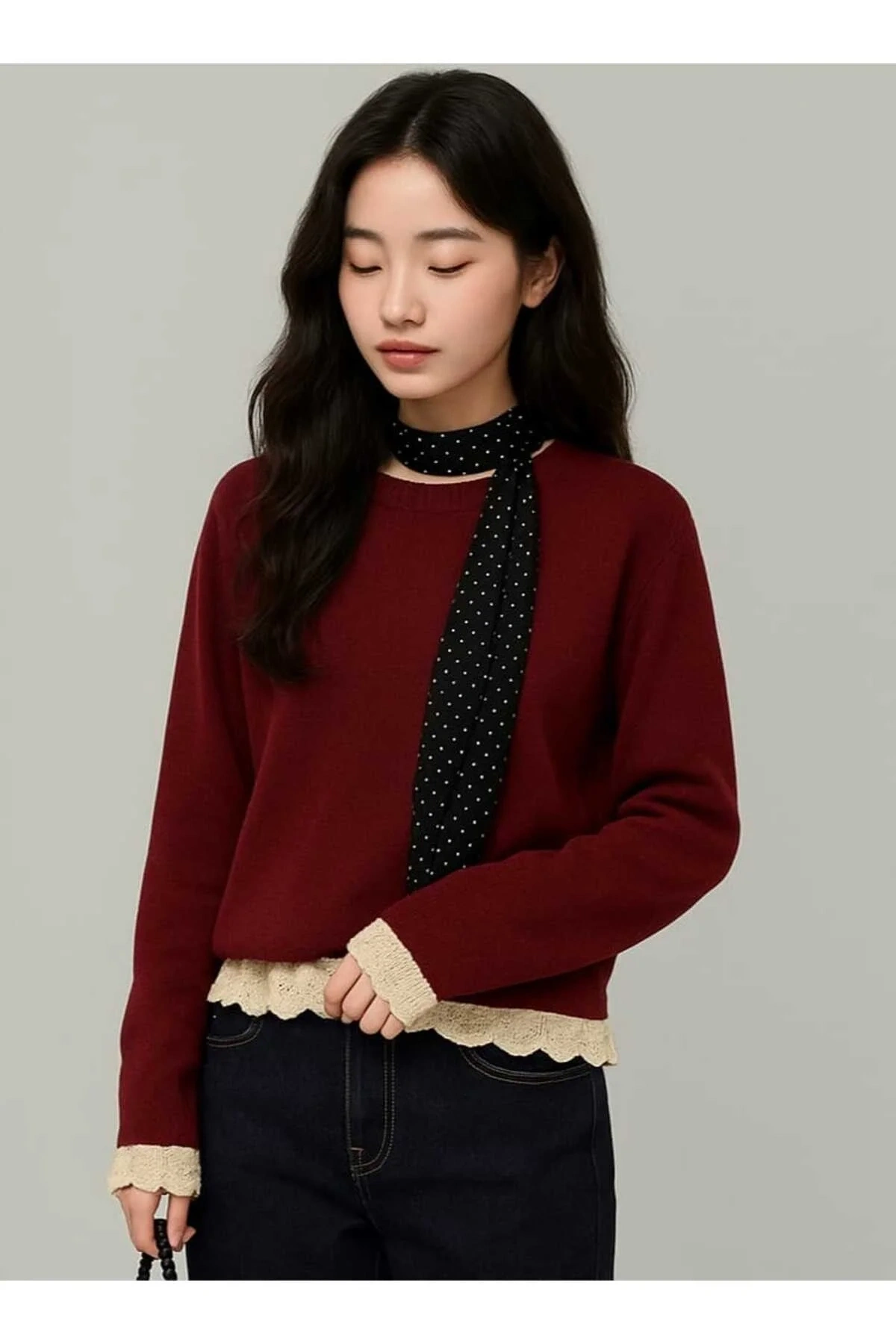 Kadın Bordo Bisiklet Yaka Uzun Kol Oversize Dantel Detaylı Yumuşak Dokulu Triko Kazak