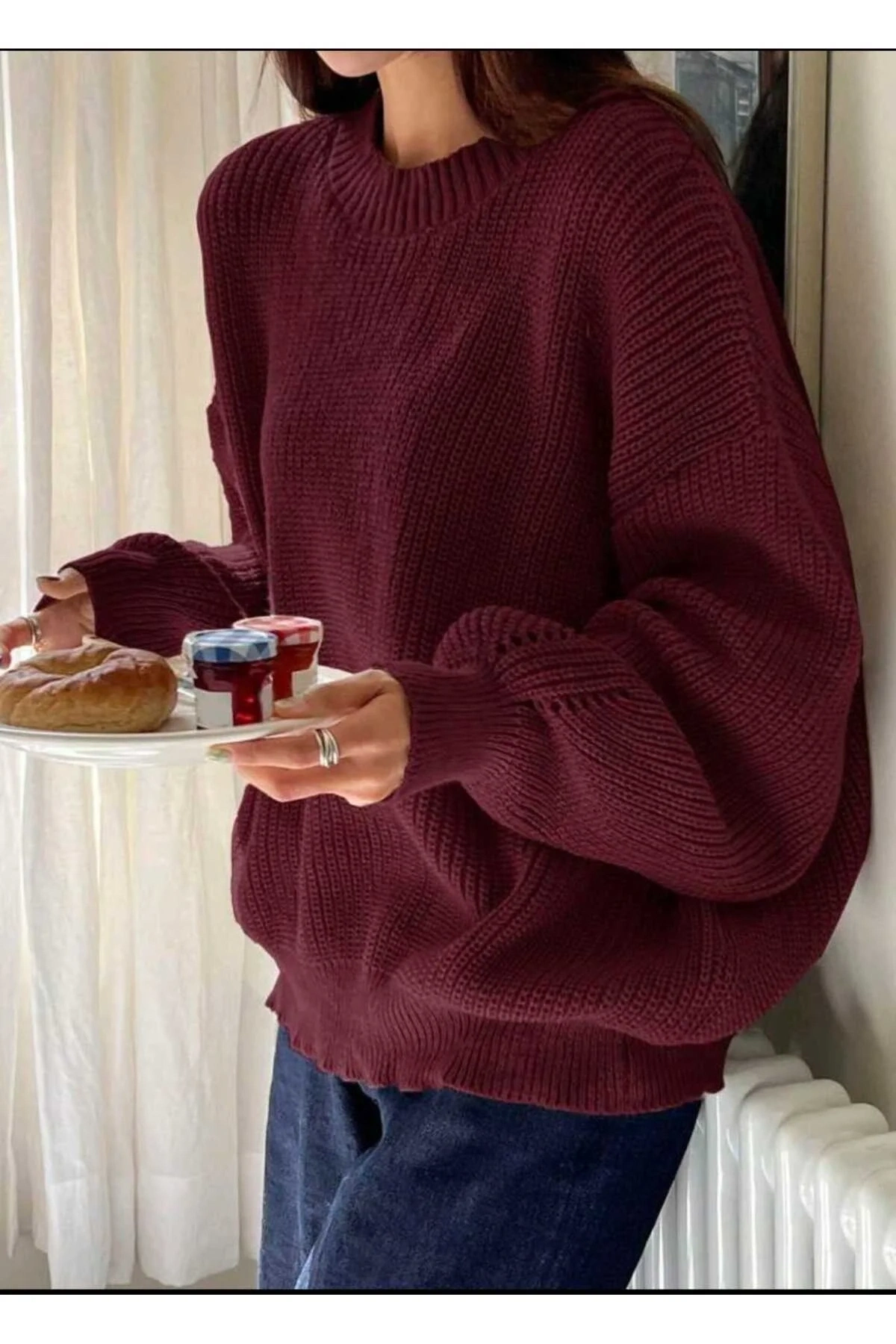 Kadın Bordo Bisiklet Yaka Uzun Kollu Düşük Omuz Oversize Selanik Örgü Triko Kazak