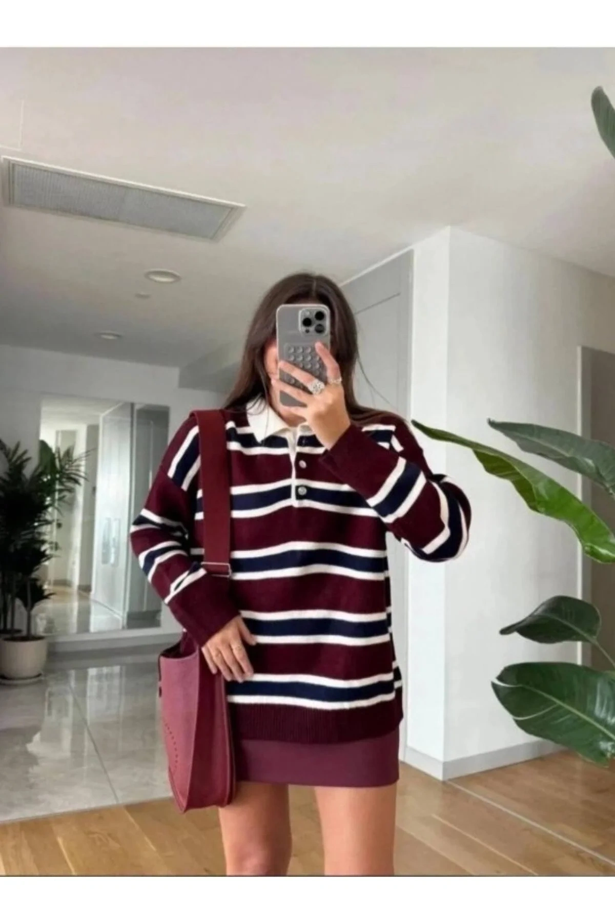 Kadın Bordo Çizgili Polo Yaka Düğmeli Uzun Kollu Oversize Yumuşak Dokulu Triko Kazak