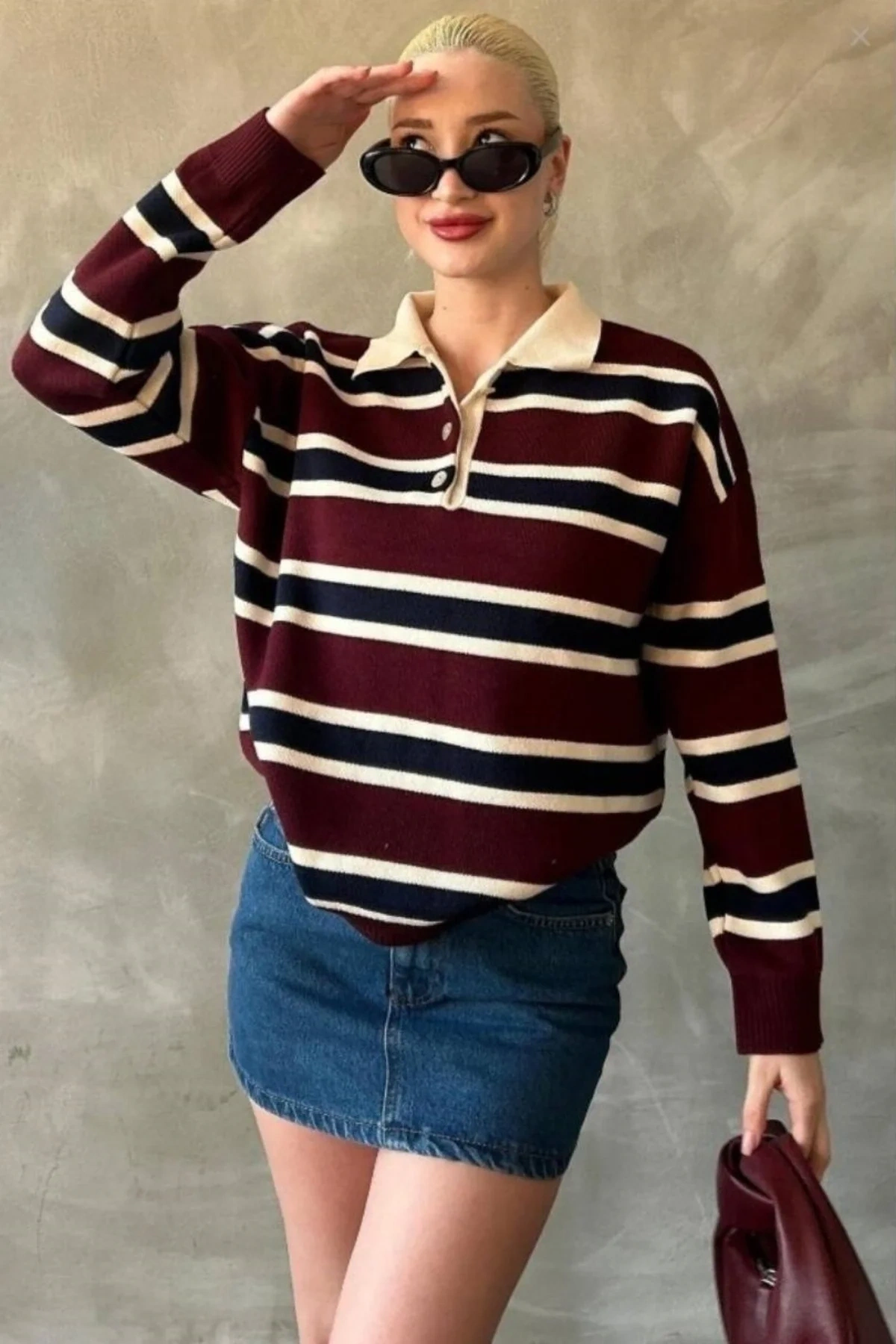 Kadın Bordo Çizgili Polo Yaka Düğmeli Uzun Kollu Oversize Yumuşak Dokulu Triko Kazak