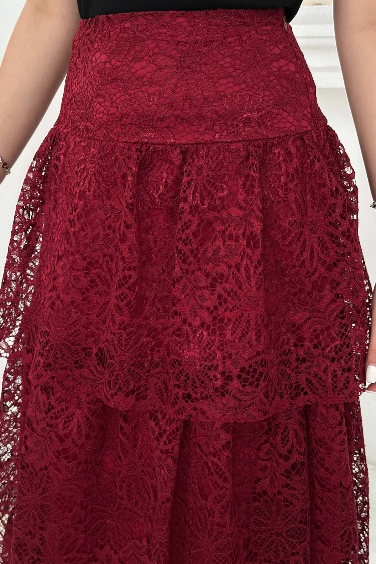 Kadın Bordo Kat Kat Dantelli Etek