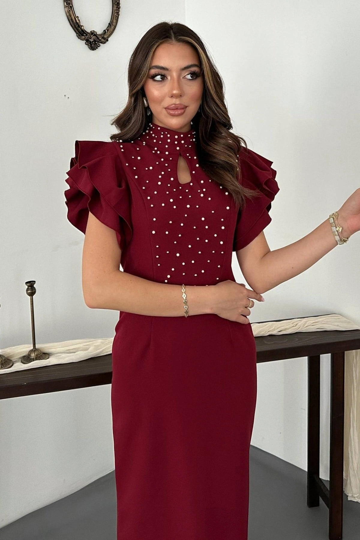 Kadın Bordo Likralı Işıltılı Elbise