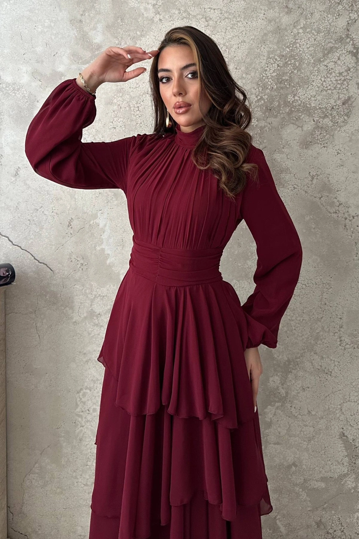 Bordo Kat Kat Bel Detaylı Elbise