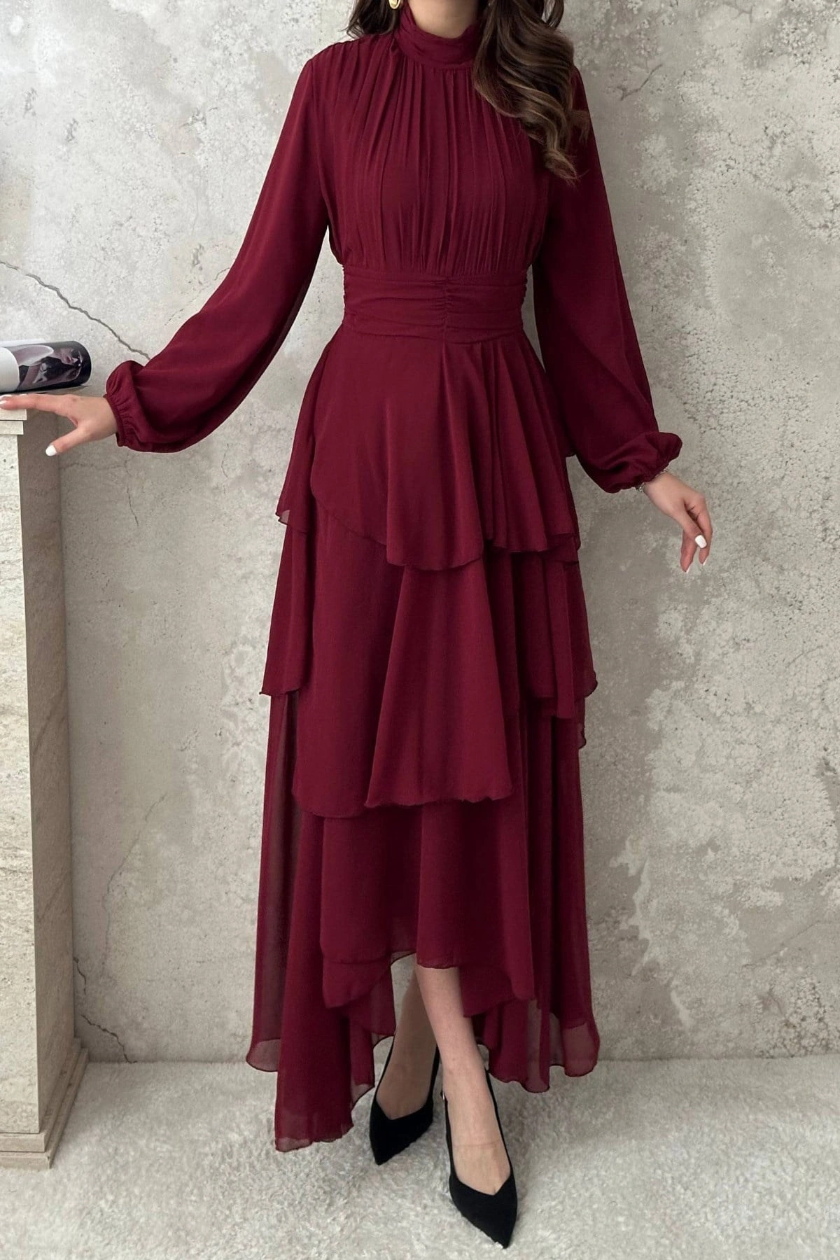 Bordo Kat Kat Bel Detaylı Elbise
