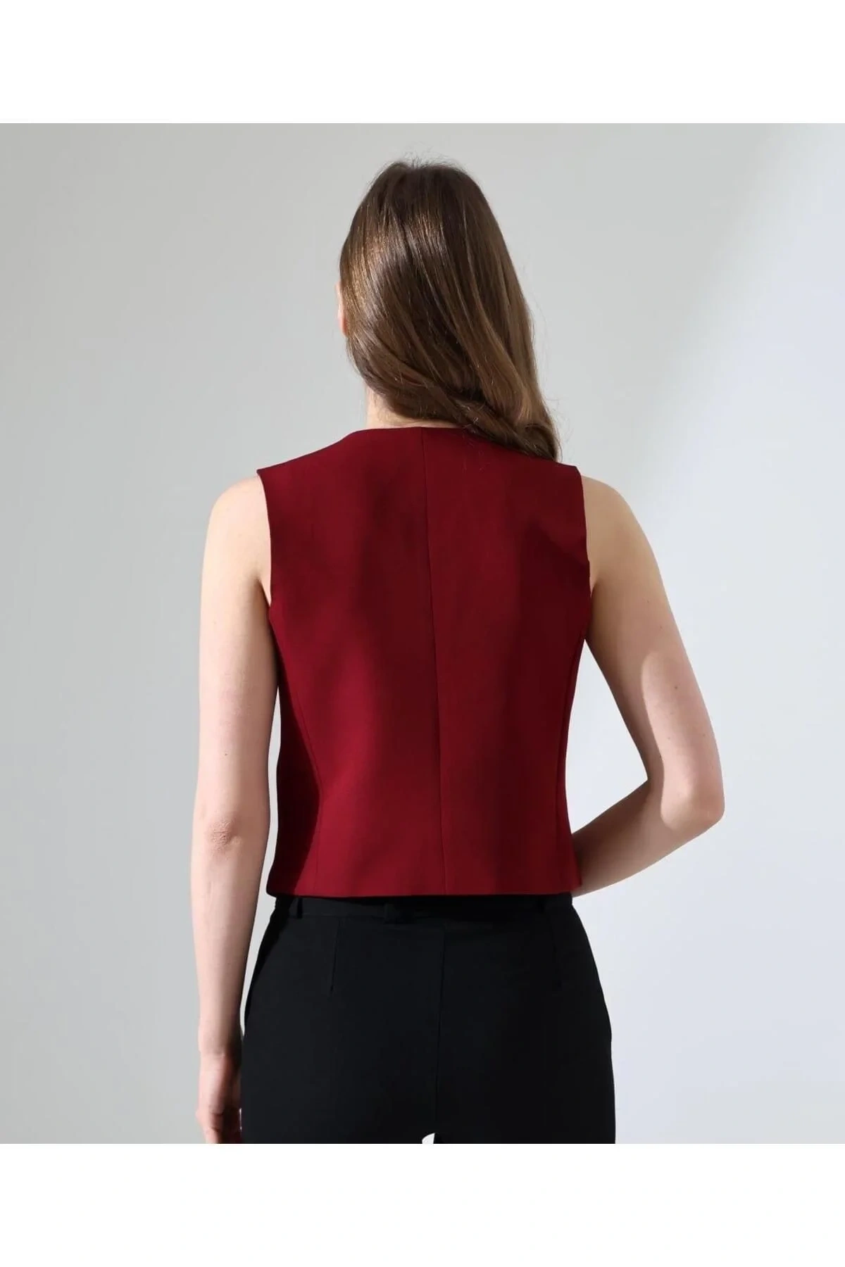 Kadın Bordo V Yaka Önü Düğmeli Klasik Kesim Astarlı Kumaş Yelek