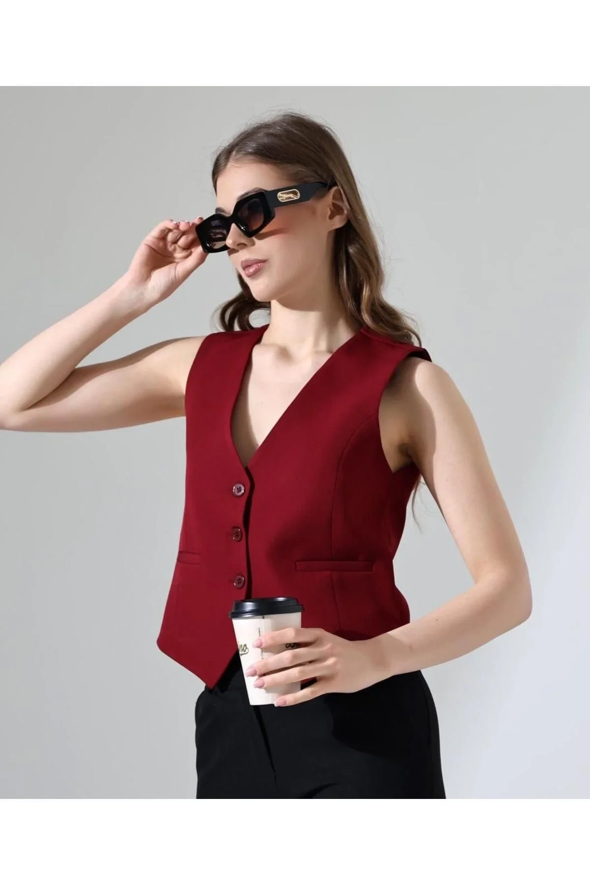 Kadın Bordo V Yaka Önü Düğmeli Klasik Kesim Astarlı Kumaş Yelek