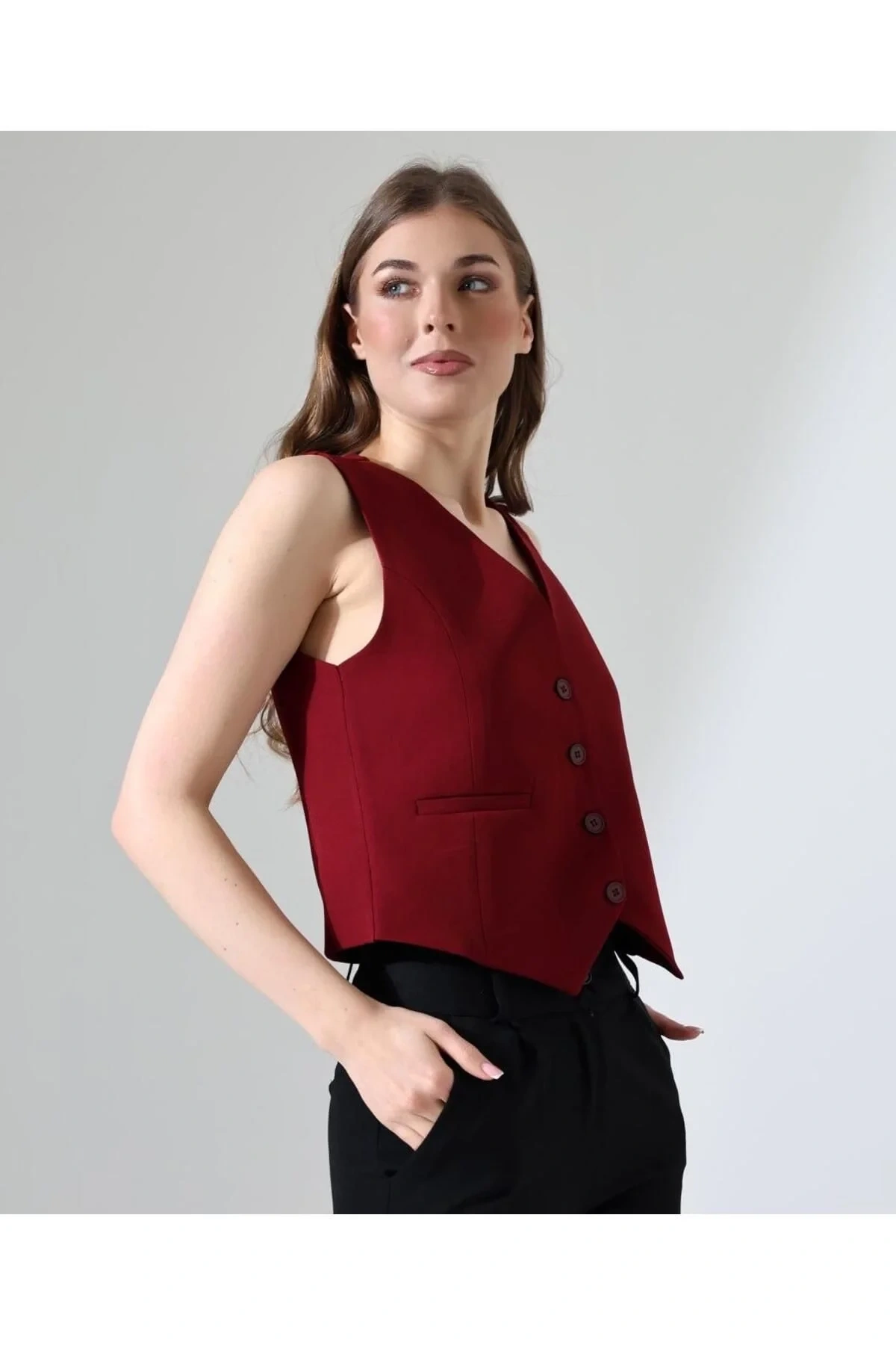 Kadın Bordo V Yaka Önü Düğmeli Klasik Kesim Astarlı Kumaş Yelek