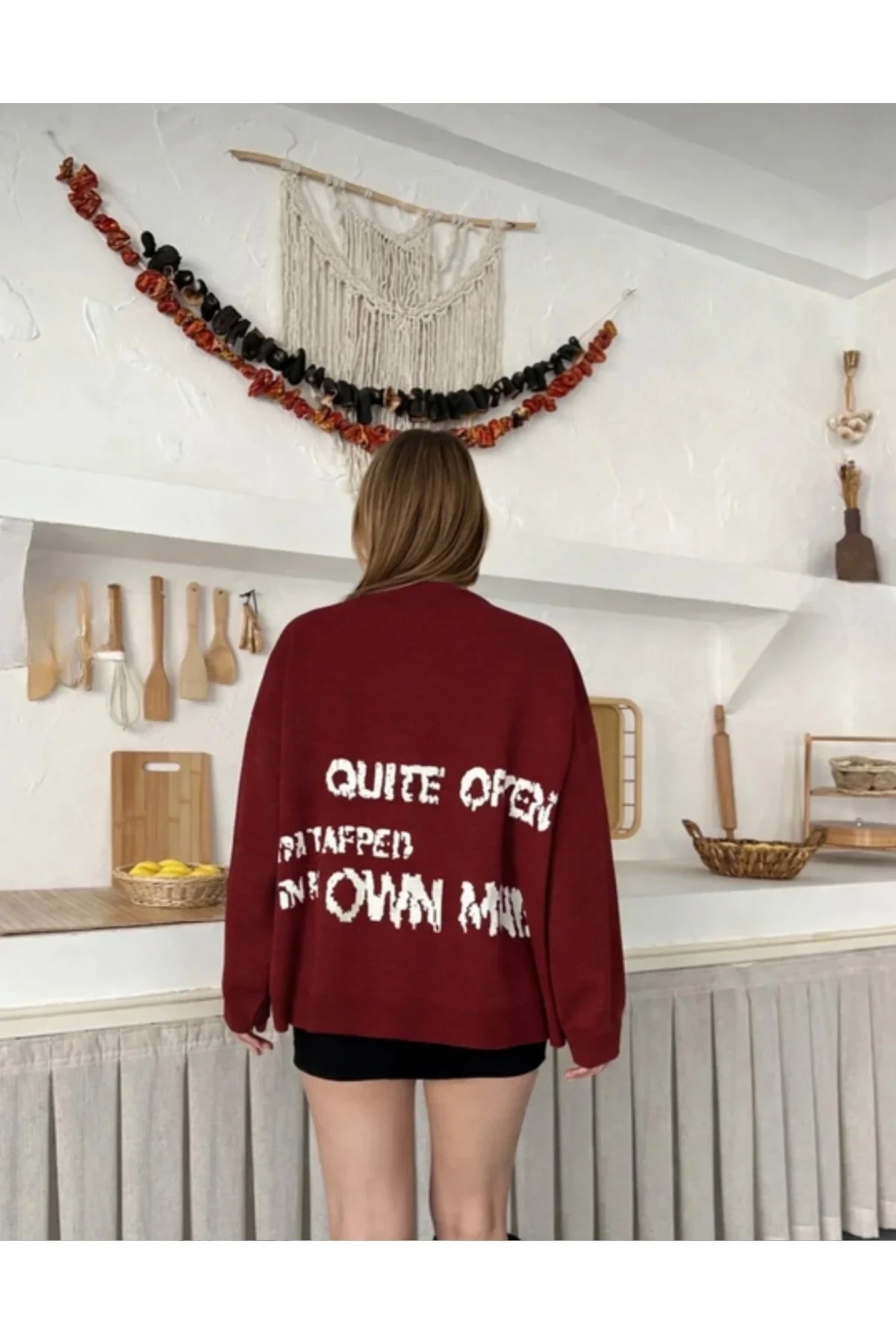 Kadın Bordo Yıldız Desenli Bisiklet Yaka Uzun Kollu Oversize Triko Kazak