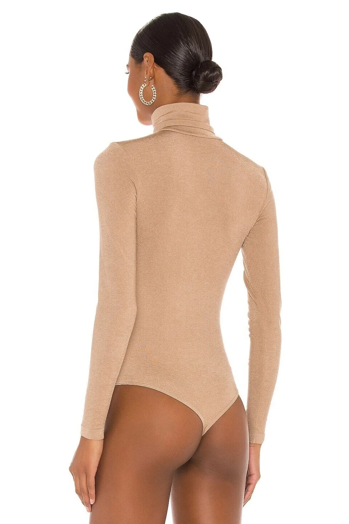 Kadın Bej Balıkçı Yaka Uzun Kollu Vücudu Saran Sandy Kumaş Tanga Basic Bodysuit