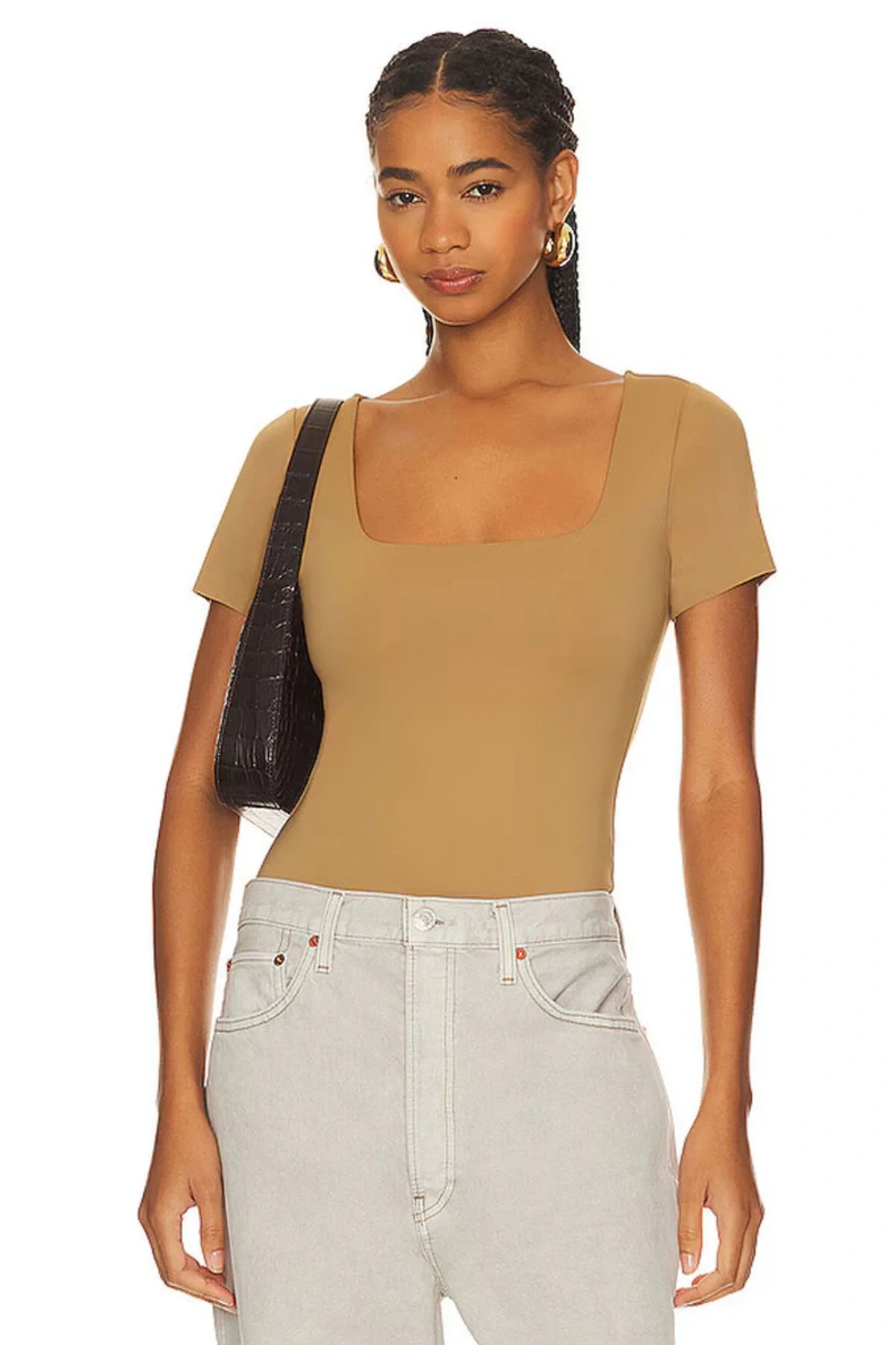 Kadın Bej Kare Yaka Kısa Kollu Vücudu Saran Basic Tanga Bodysuit