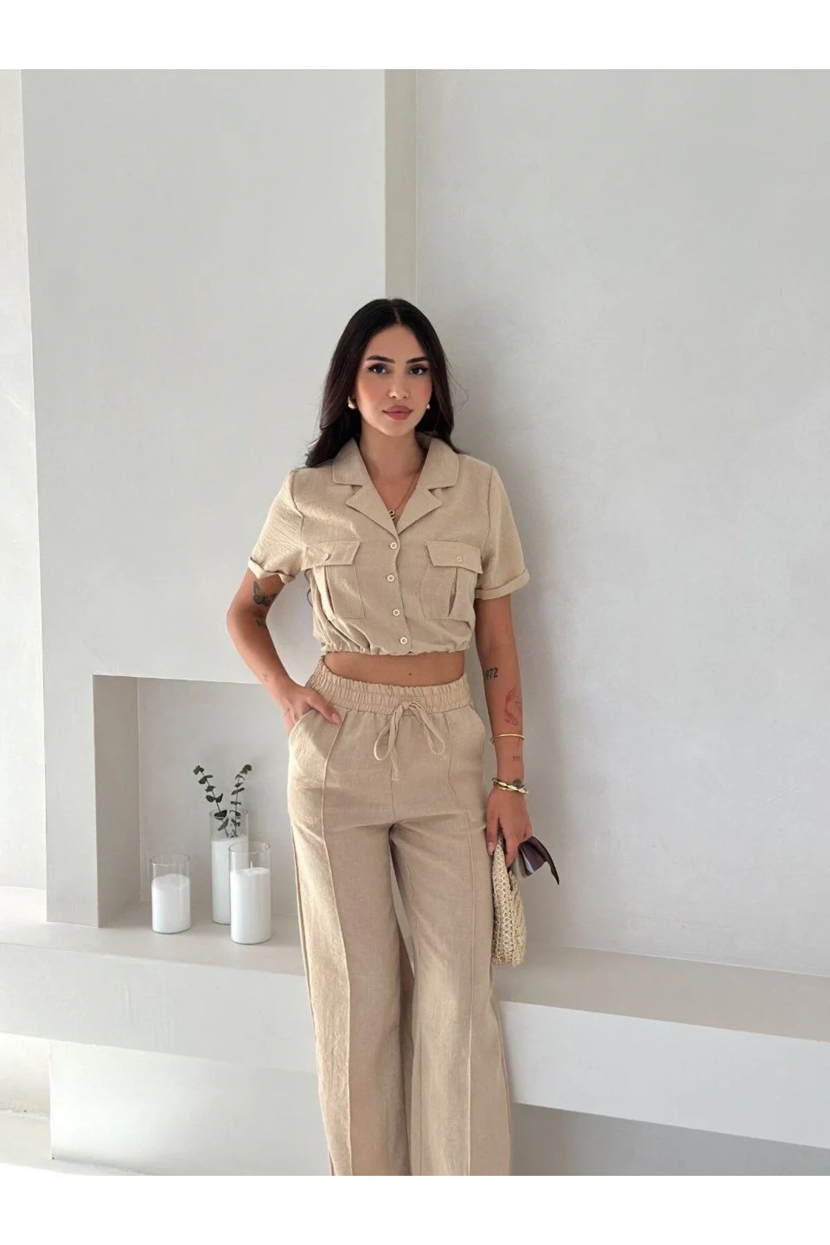 Kadın Bej Kısa Kollu Crop Gömlek ve Yüksek Bel Bol Paça Pantolon 2li Keten Takım