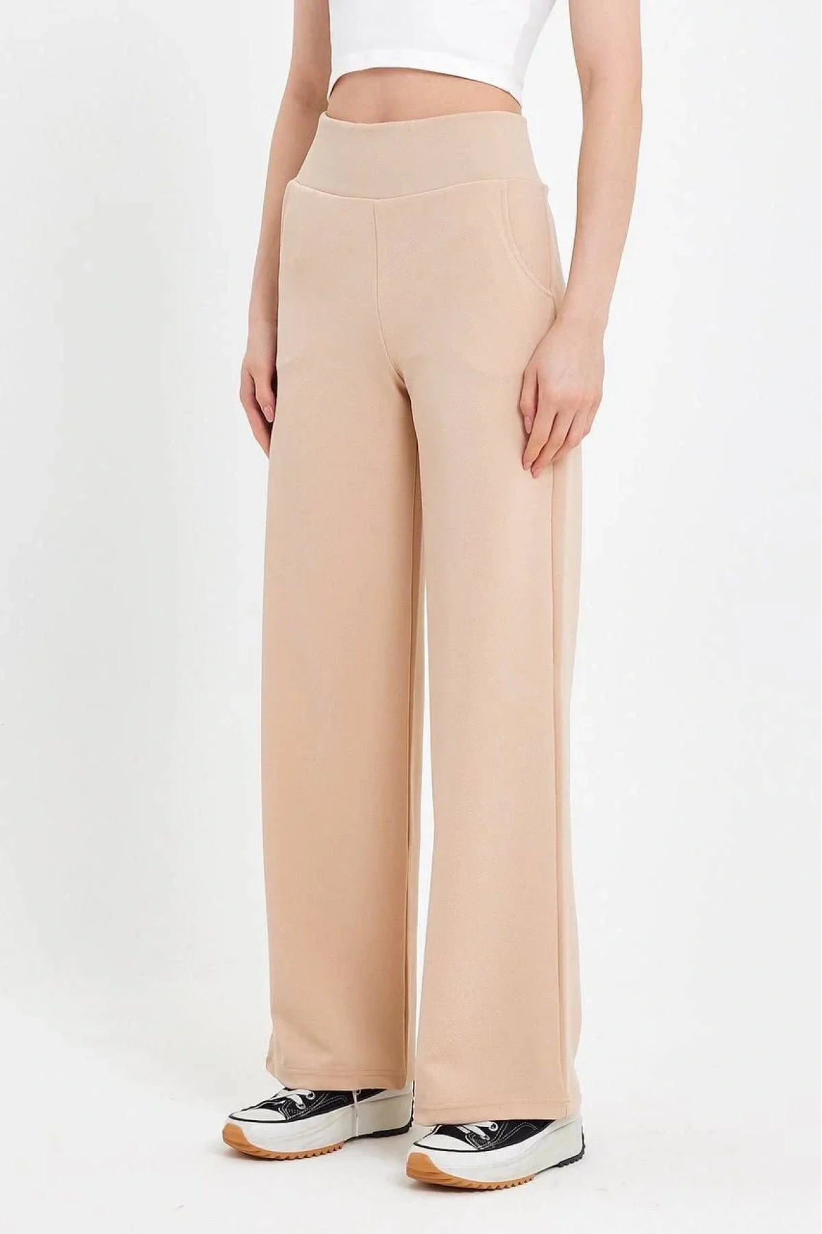 Kadın Bej Yüksek Bel Cepli Palazzo Geniş Paça Krep Kumaş Günlük Pantolon Eşofman Altı