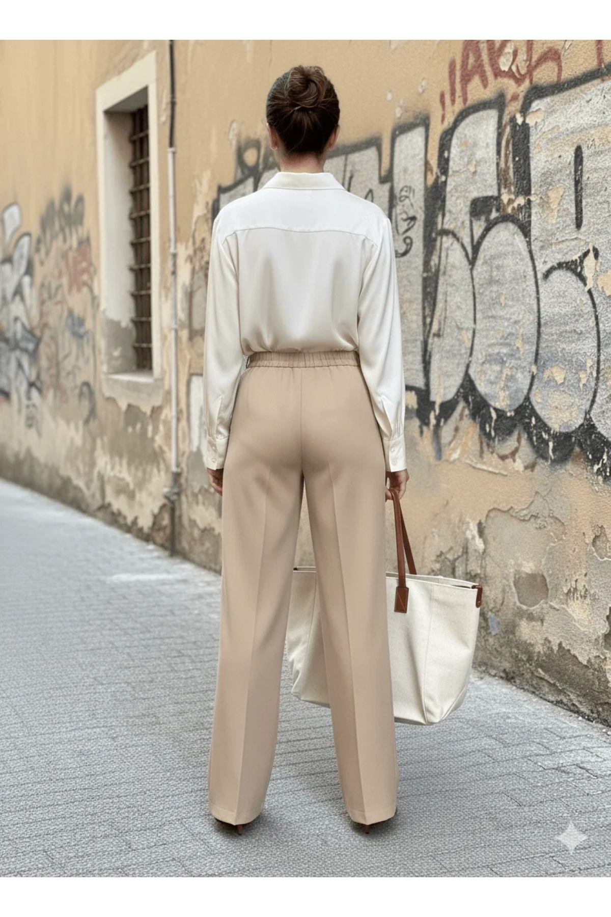 Kadın Bej Yüksek Bel Pensli Cepli Palazzo Geniş Paça Dökümlü Dokuma Kumaş Pantolon