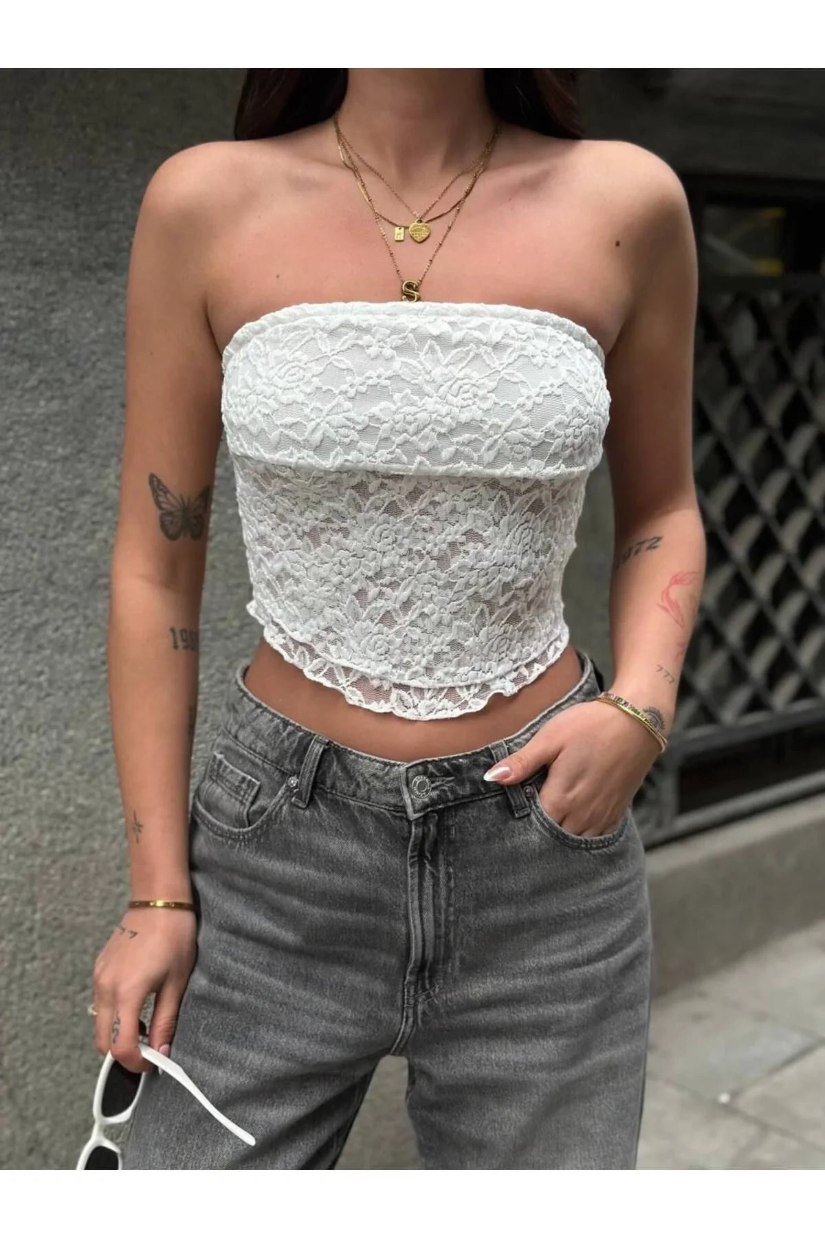 bysoca Kadın Beyaz Güpür Dantel Straplez Büstiyer Asimetrik Kesim Yazlık Crop Top