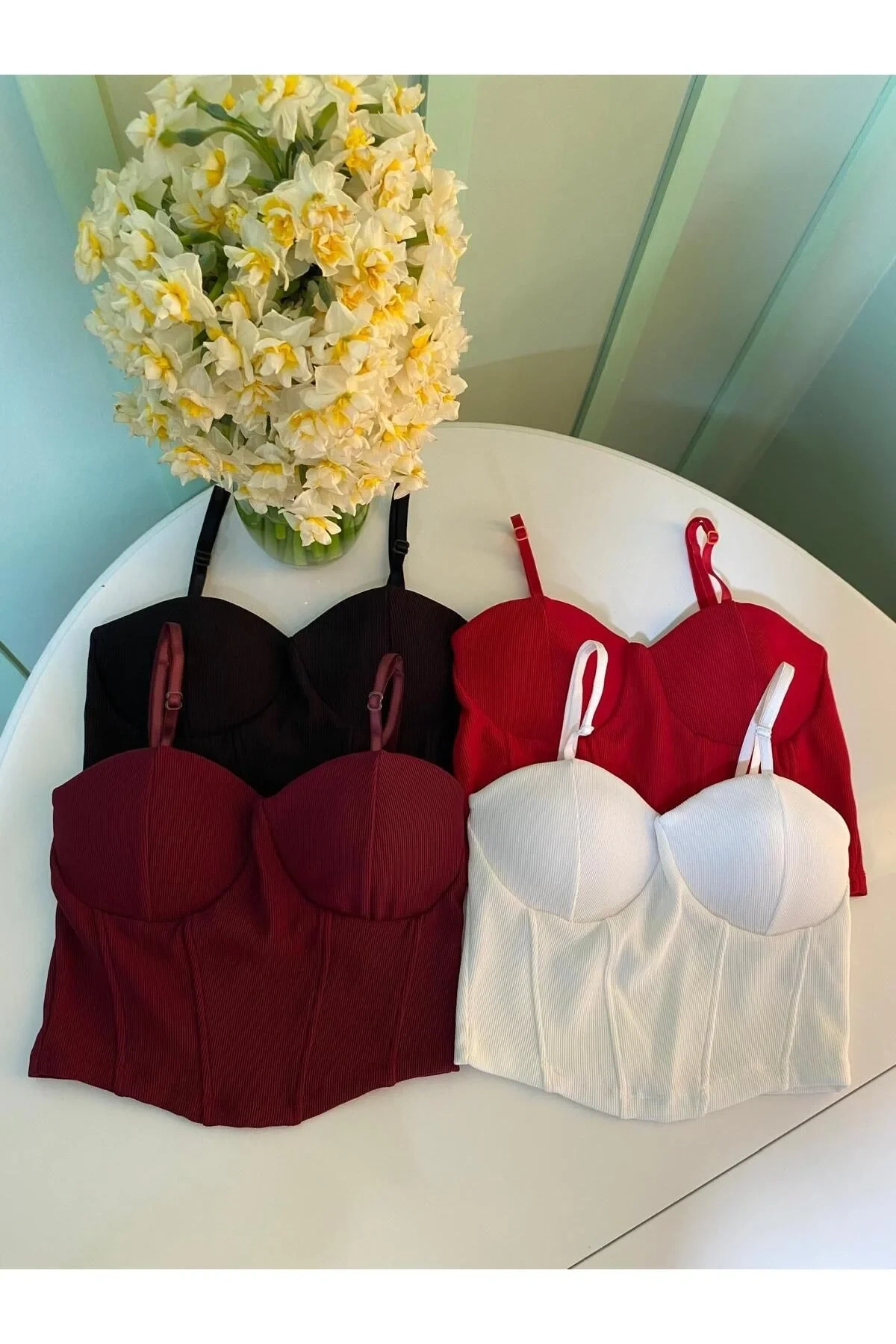 Kadın Bordo Balenli Kaşkorse Ayarlanabilir İnce İp Askılı Büstiyer Crop Top