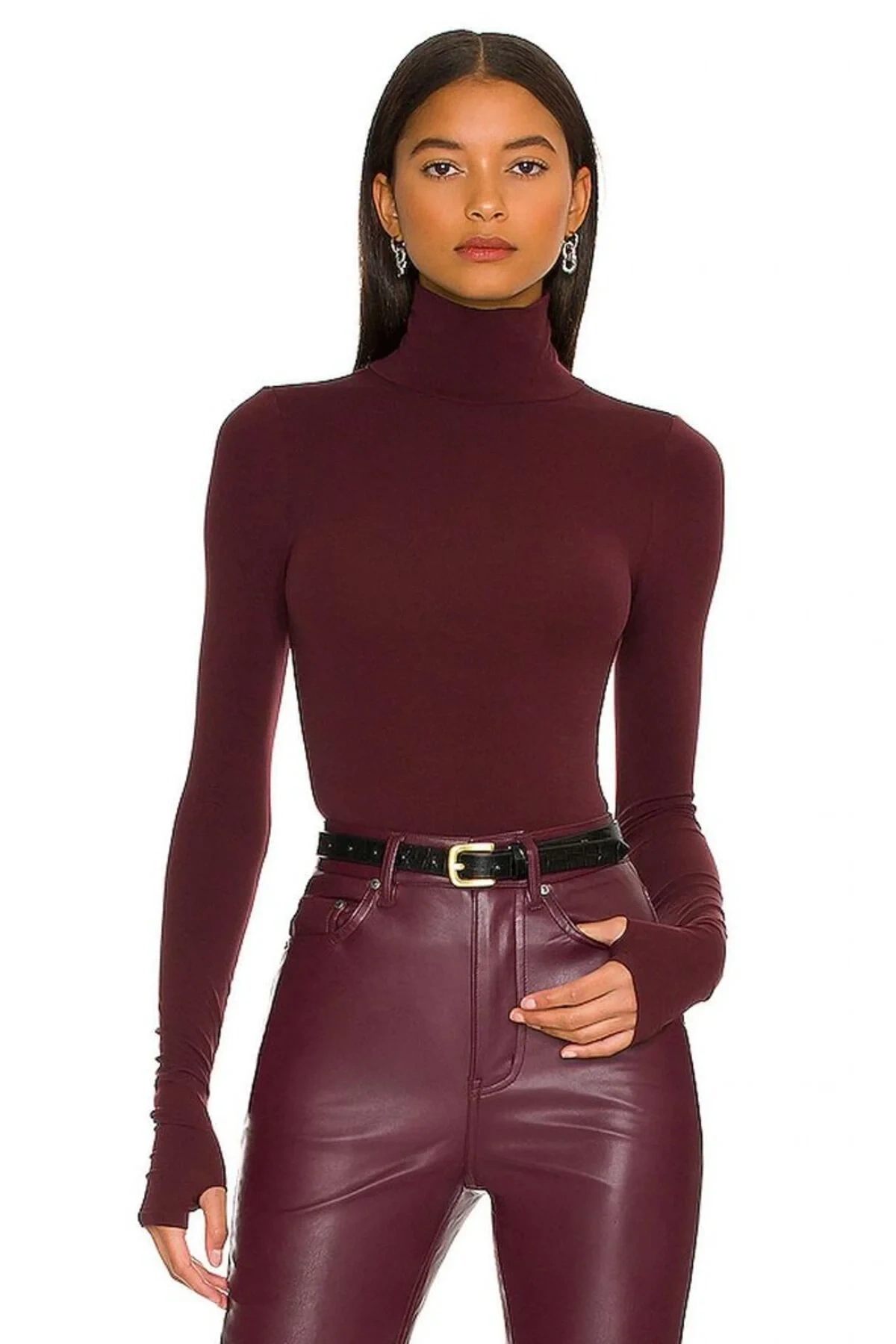 Kadın Bordo Balıkçı Yaka Uzun Kollu Parmak Geçmeli İpek Jarse Basic Tanga Bodysuit