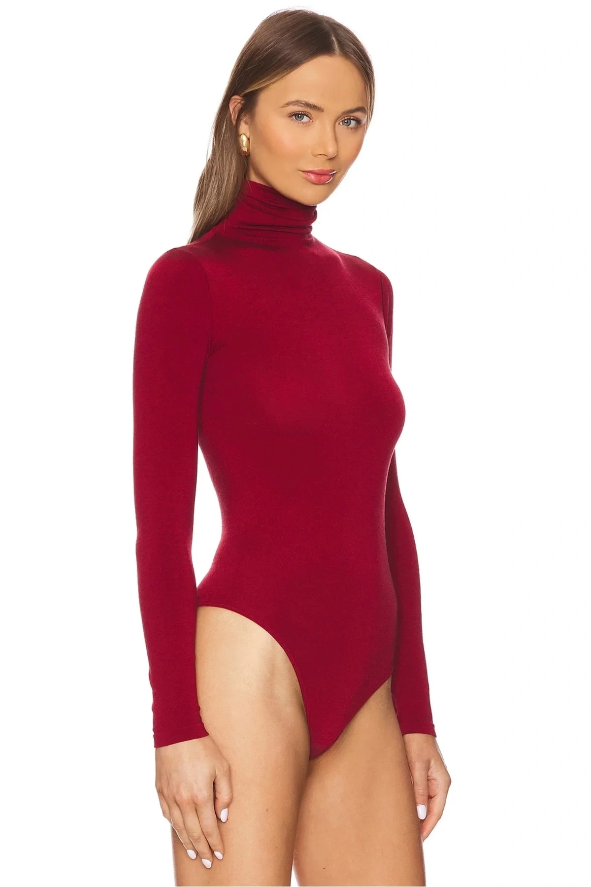 Kadın Bordo Balıkçı Yaka Uzun Kollu Çıtçıtlı Sandy Kumaş Basic Tanga Bodysuit
