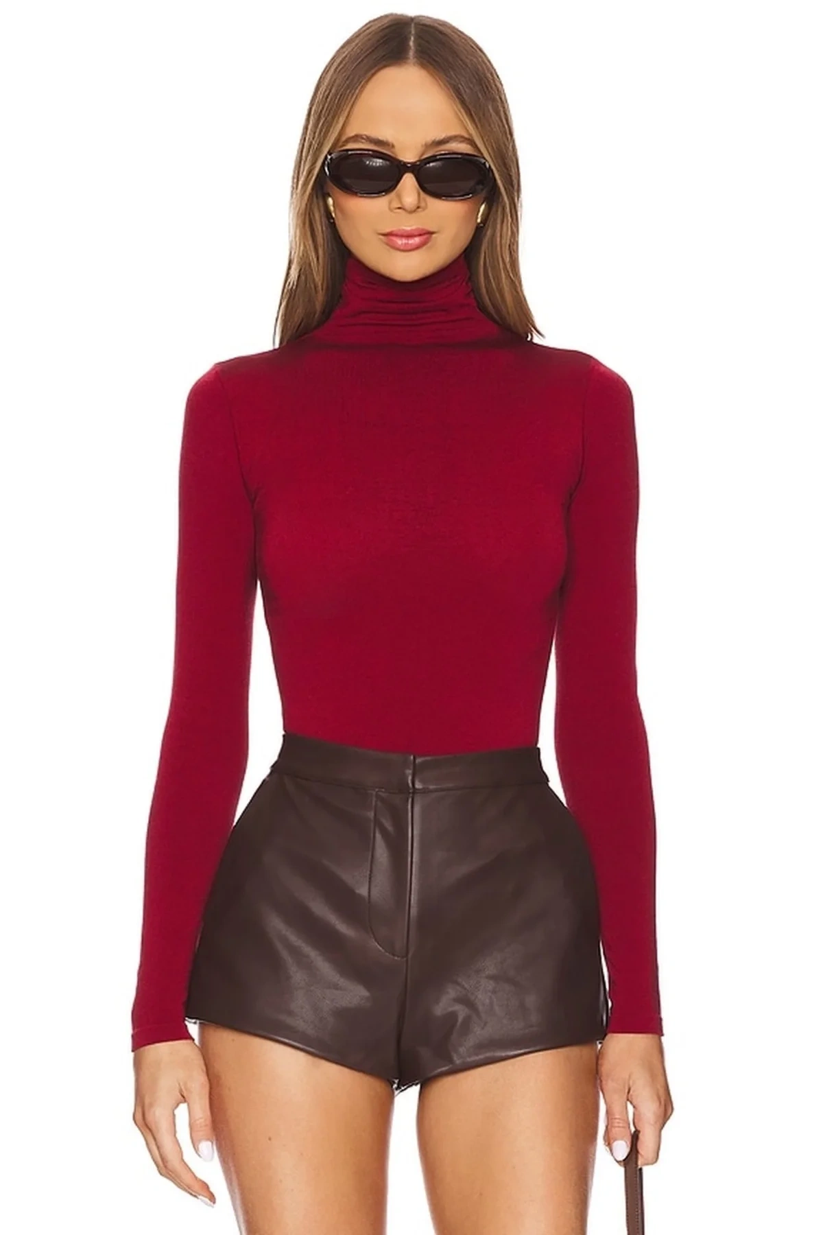 Kadın Bordo Balıkçı Yaka Uzun Kollu Çıtçıtlı Sandy Kumaş Basic Tanga Bodysuit