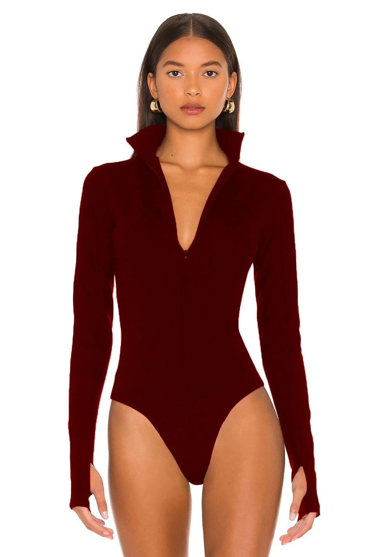 bysoca Kadın Bordo Fermuarlı Balıkçı Yaka Uzun Kollu Parmak Geçmeli İpek Jarse Tanga Bodysuit