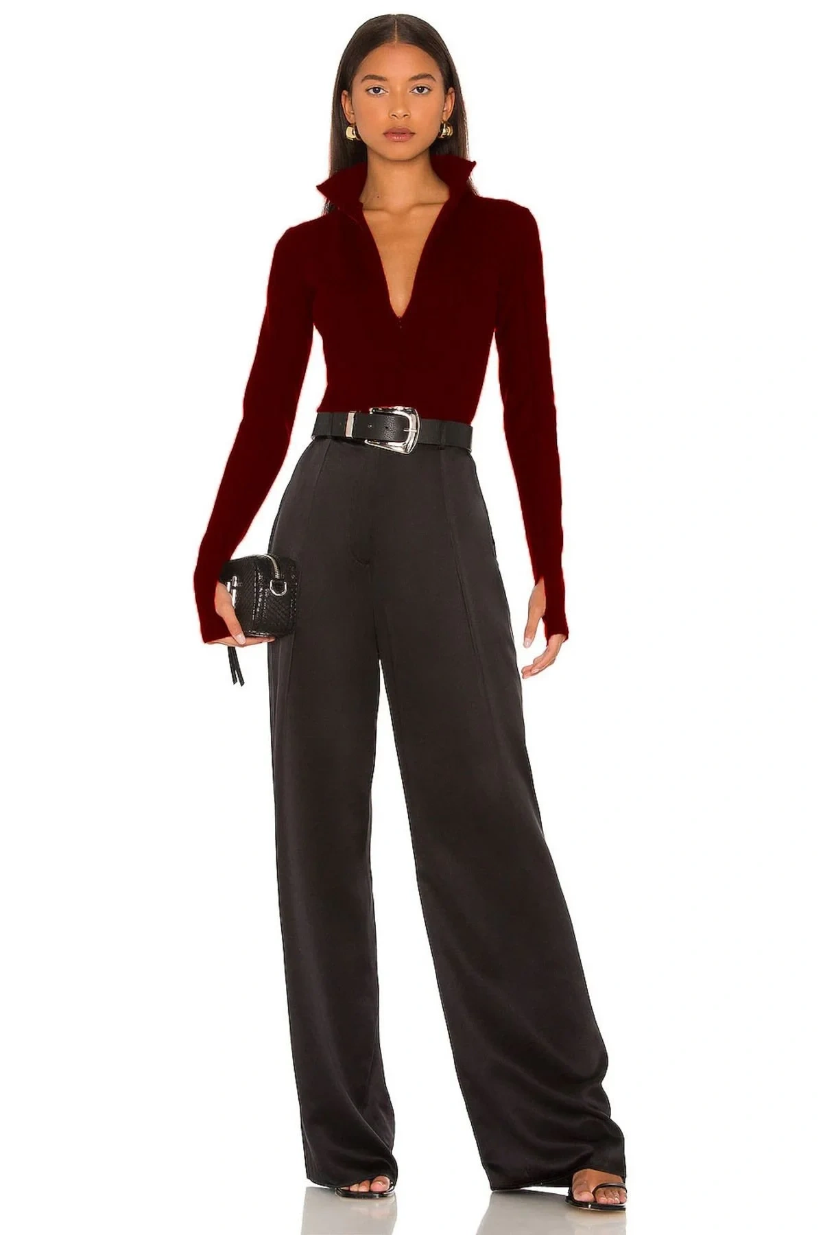 Kadın Bordo Fermuarlı Balıkçı Yaka Uzun Kollu Parmak Geçmeli İpek Jarse Tanga Bodysuit