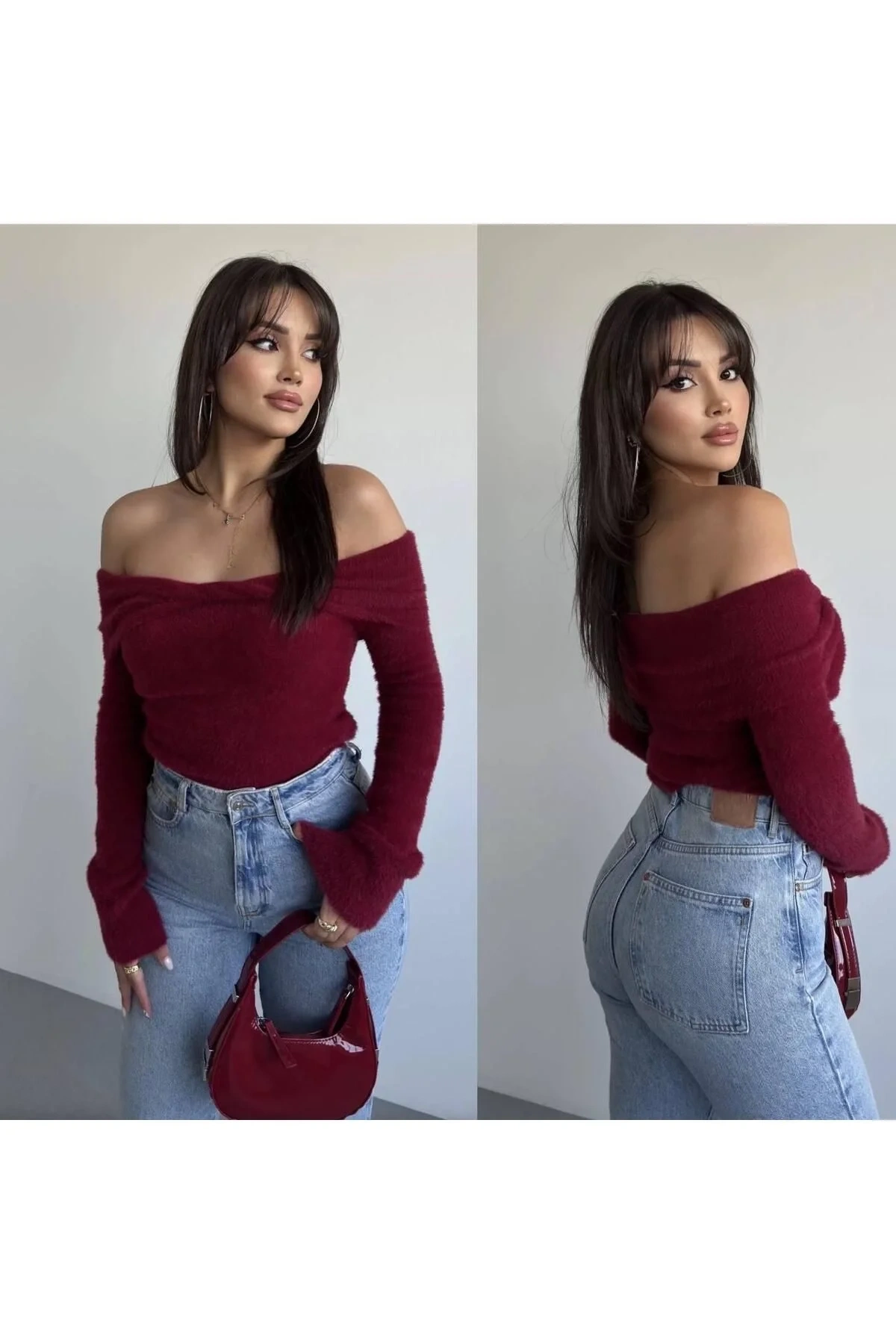Kadın Bordo Madonna Yaka Düşük Omuz Çapraz Detaylı Yumuşak Dokulu Kışlık Triko Kazak