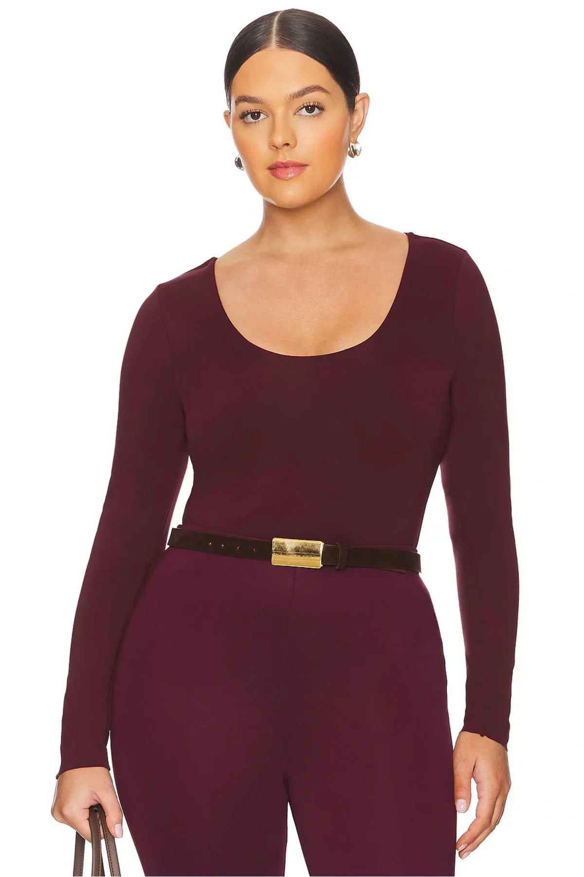 Kadın Bordo U Yaka Uzun Kollu Alttan Çıtçıtlı İpek Jarse Basic Tanga Bodysuit