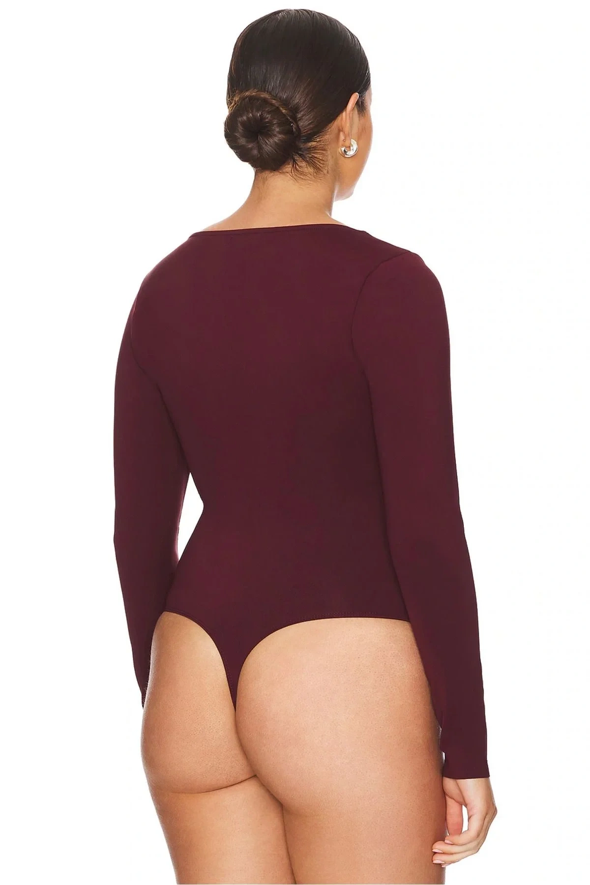 Kadın Bordo U Yaka Uzun Kollu Alttan Çıtçıtlı İpek Jarse Basic Tanga Bodysuit
