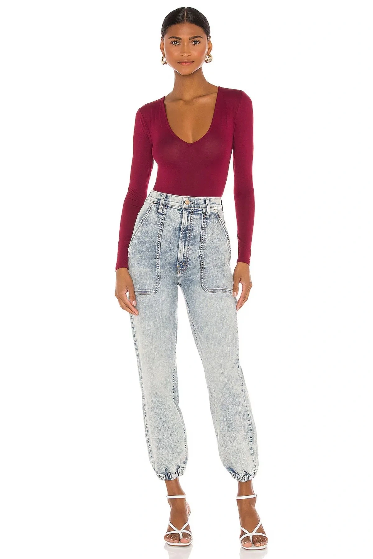 Kadın Bordo V Yaka Uzun Kol İpek Jarse Vücudu Saran Basic Tanga Bodysuit