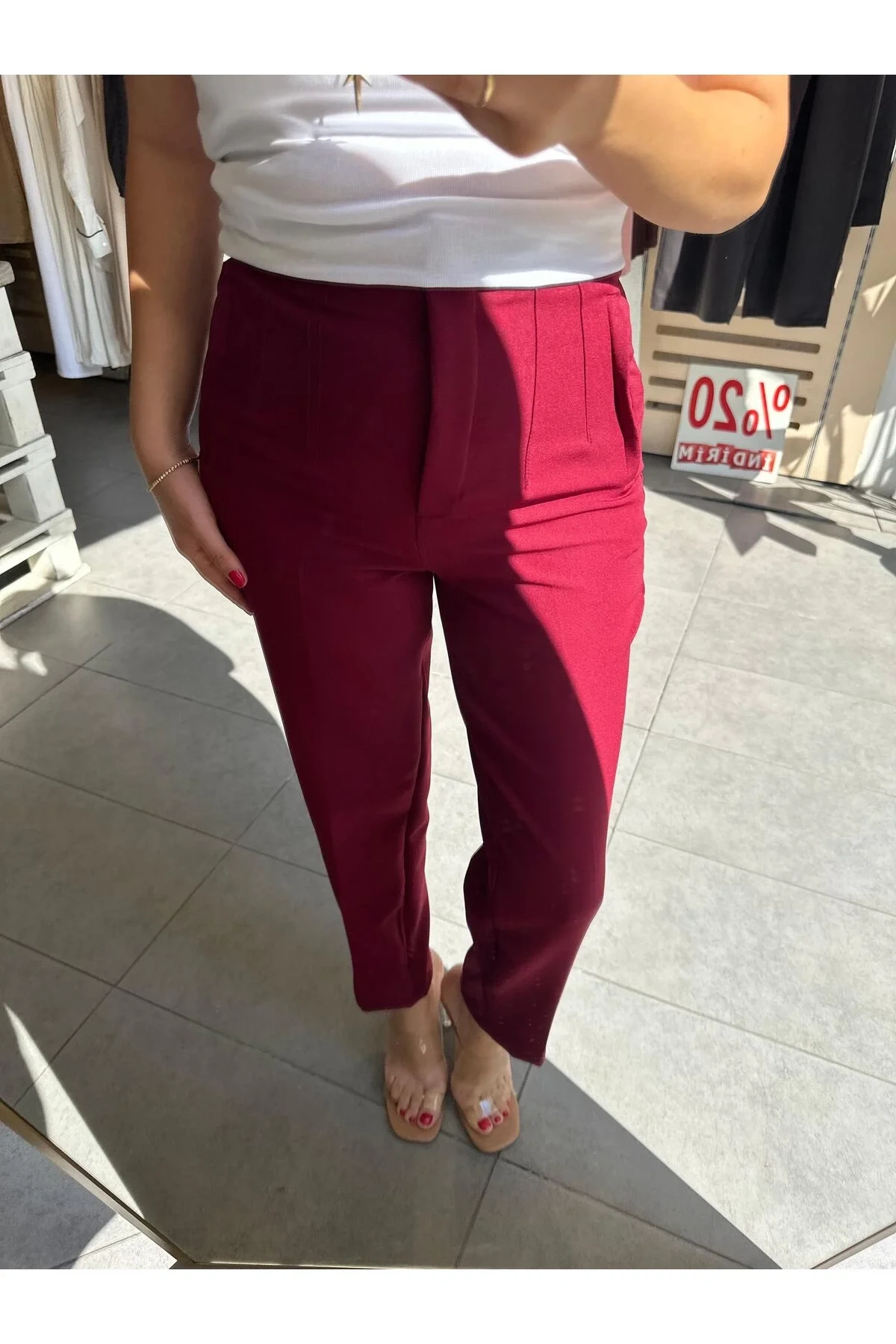 bysoca Kadın Bordo Yüksek Bel Önü Pens Dikişli Bilek Boy Havuç Kesim Slim Fit Kumaş Pantolon